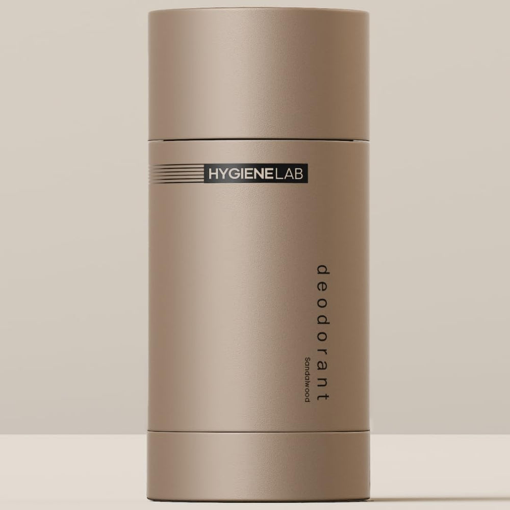 HygieneLab Men’s deodorant packaging with sandalwood scent and safe-label emphasis.