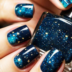 HZJXRT Starry Sky Nails with Milky Way gradient, glossy finish for a chic party-ready look.