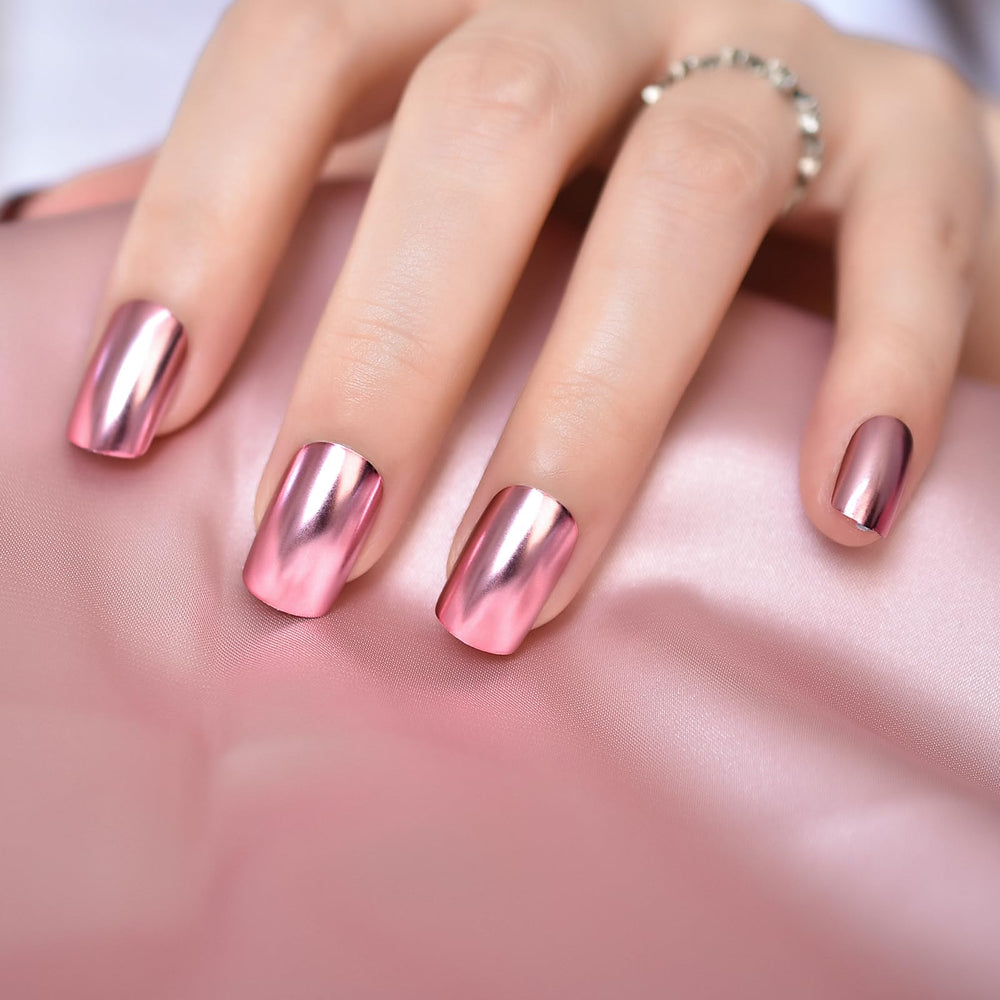 iBeautying Cool Sweet Metal Pink press-on nails with glossy finish for daily wear