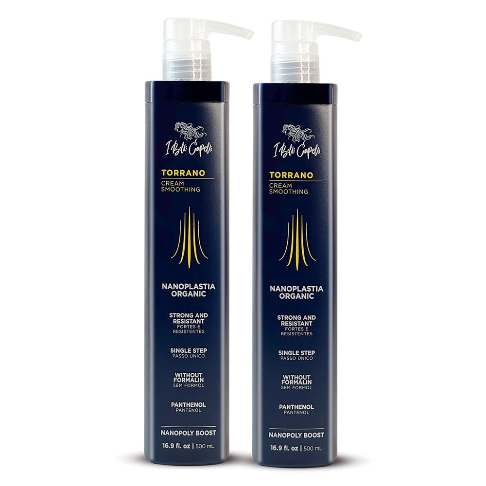 I Belli Capelli Torrano cream bottle on counter signaling smooth, frizz-free hair potential