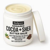 ibodycare Organic Raw Shea Butter Cocoa Butter Body Balm jar shows rich texture for deep hydration.