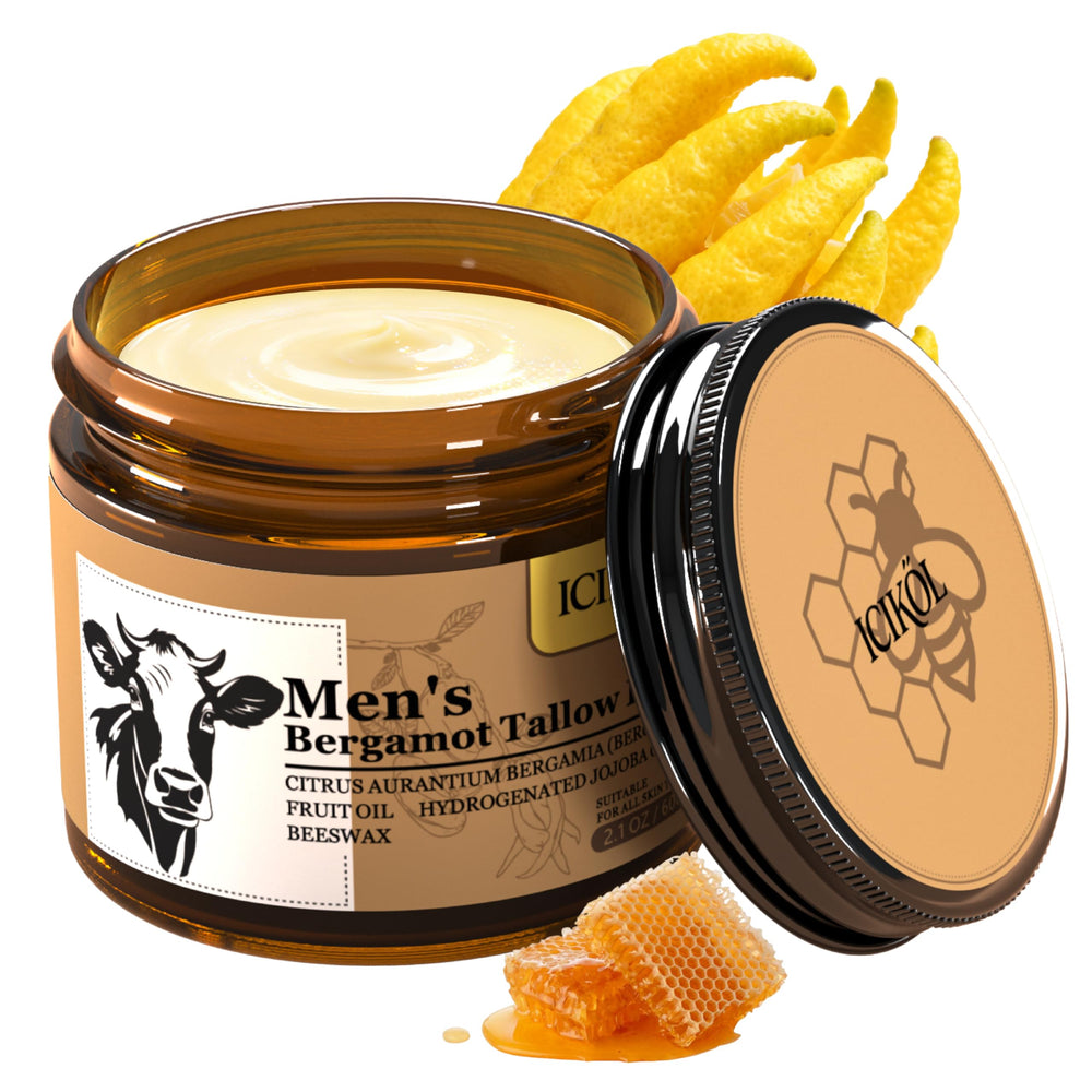 ICIKOL Beef Tallow Honey Balm jar close-up showing creamy hydration for skin.