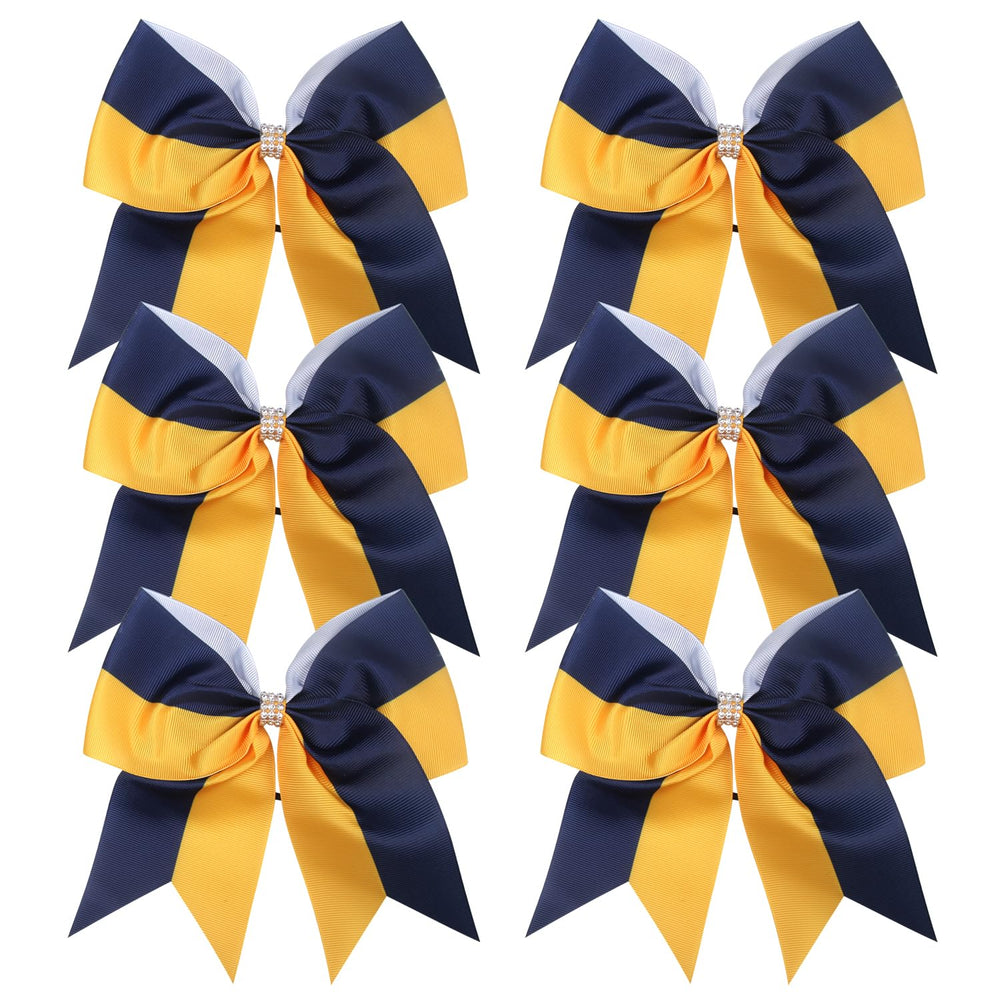 ICObuty Cheerleader Bows 8 Inch Comb securely grips ponytails with bling rhinestones in navy and gold
