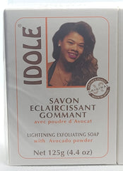 Idole Exfoliating Soap close-up highlights avocado seed powder texture for smoother skin.