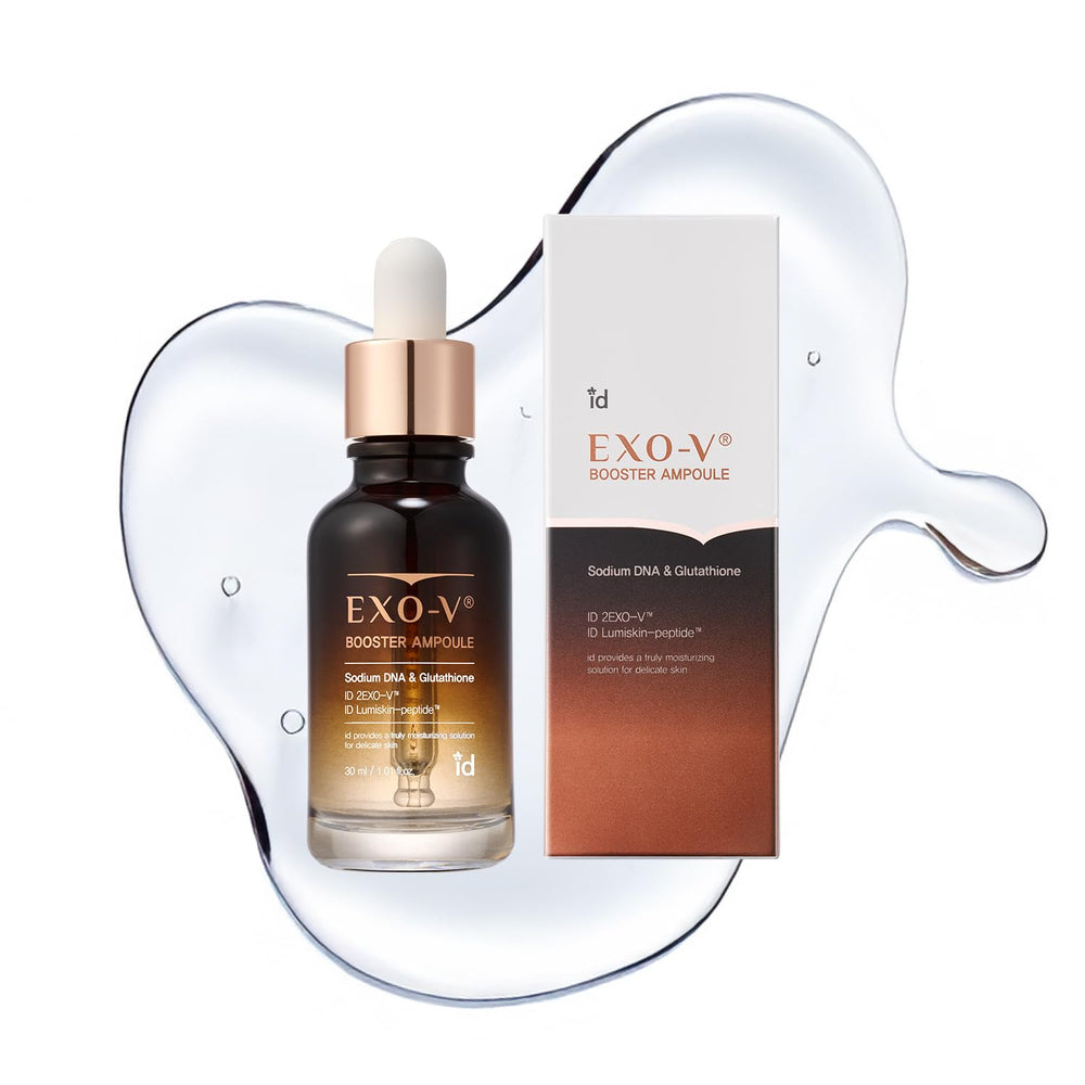 ID PLACOSMETICS EXO-V Booster Ampoule bottle showcases premium packaging for fast absorption.