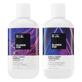 IGK Blonde Pop purple-toning shampoo bottle neutralizes brass for cooler blonde tones.