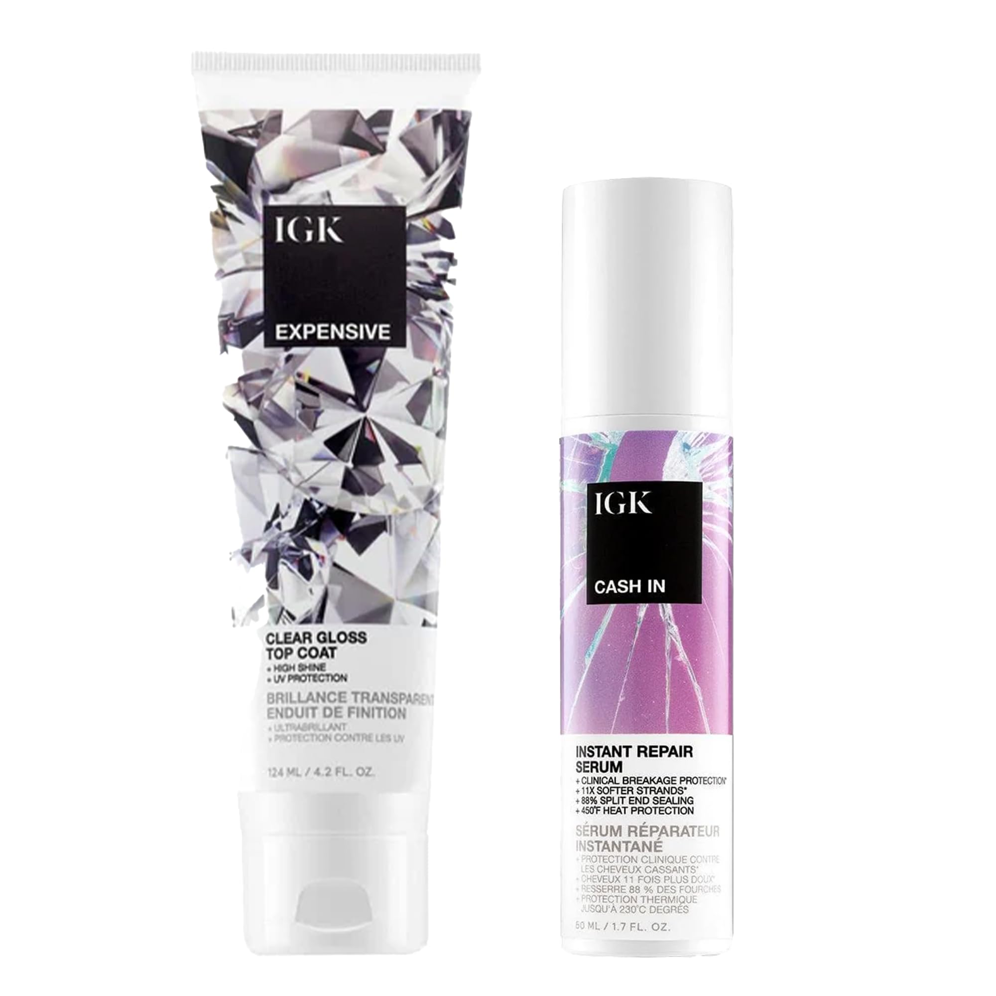IGK Expensive Clear Gloss Top Coat bottle for intense shine and color protection.