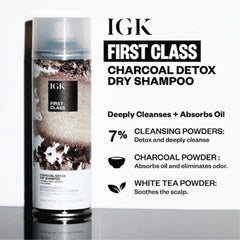 IGK First Class Charcoal Detox Dry Shampoo eliminates workout odor with charcoal detox.