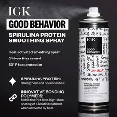 IGK Good Behavior spray close-up emphasizing heat-activated smoothing polymers