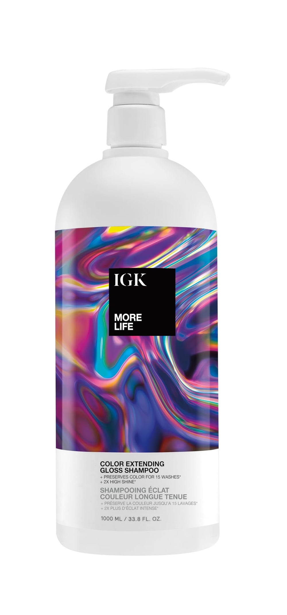 IGK More Life Color Extending Gloss Shampoo bottle pour highlighting color longevity and radiant shine