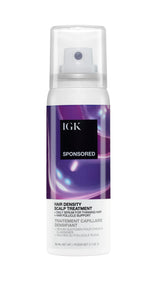 IGK scalp treatment bottle closeup with a cooling, mess-free serum-in-mist feel.