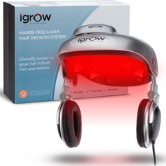 iGrow laser cap worn on head for at-home hair growth support.