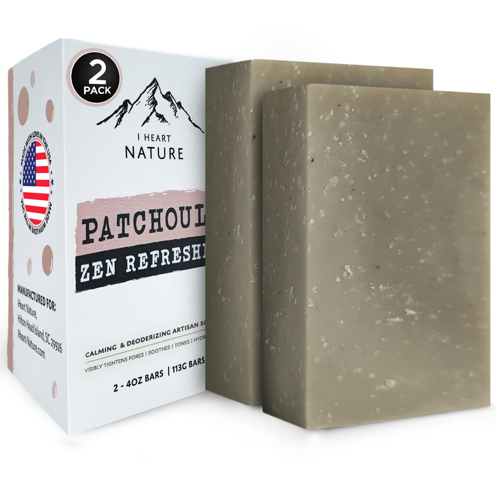 iHeart Nature Patchouli Soap Bar packaging showcases earthy grooming routine