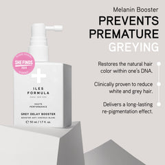 ILES FORMULA Grey Delay Booster spray on scalp demonstrates easy daily application for potential color delay.
