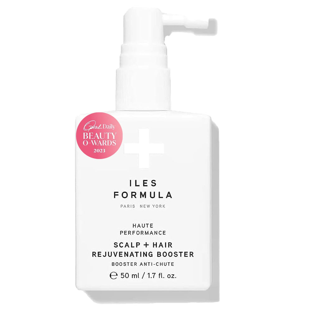ILES FORMULA Scalp + Hair Booster bottle shows a lightweight serum for daily use at the roots.