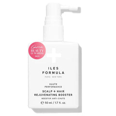 ILES FORMULA Scalp + Hair Booster bottle shows a lightweight serum for daily use at the roots.