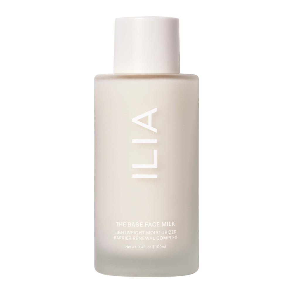 ILIA Base Face Milk Essence bottle delivers lightweight hydration and a subtle glow.