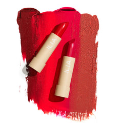 Hydrating glow from ILIA Color Block Lipstick in Wild Rose on lips