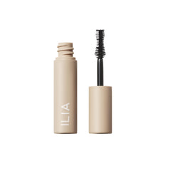 ILIA Fullest Volumizing Mascara bottle close-up for travel-friendly, lightweight volume.