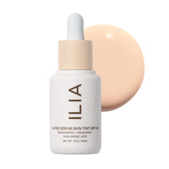 ILIA Super Serum Skin Tint bottle shows weightless, dewy coverage.