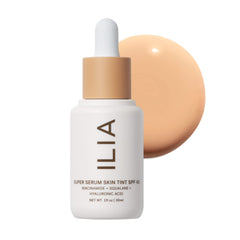 ILIA Super Serum Skin Tint bottle shows a sleek pump for mess-free, quick application.