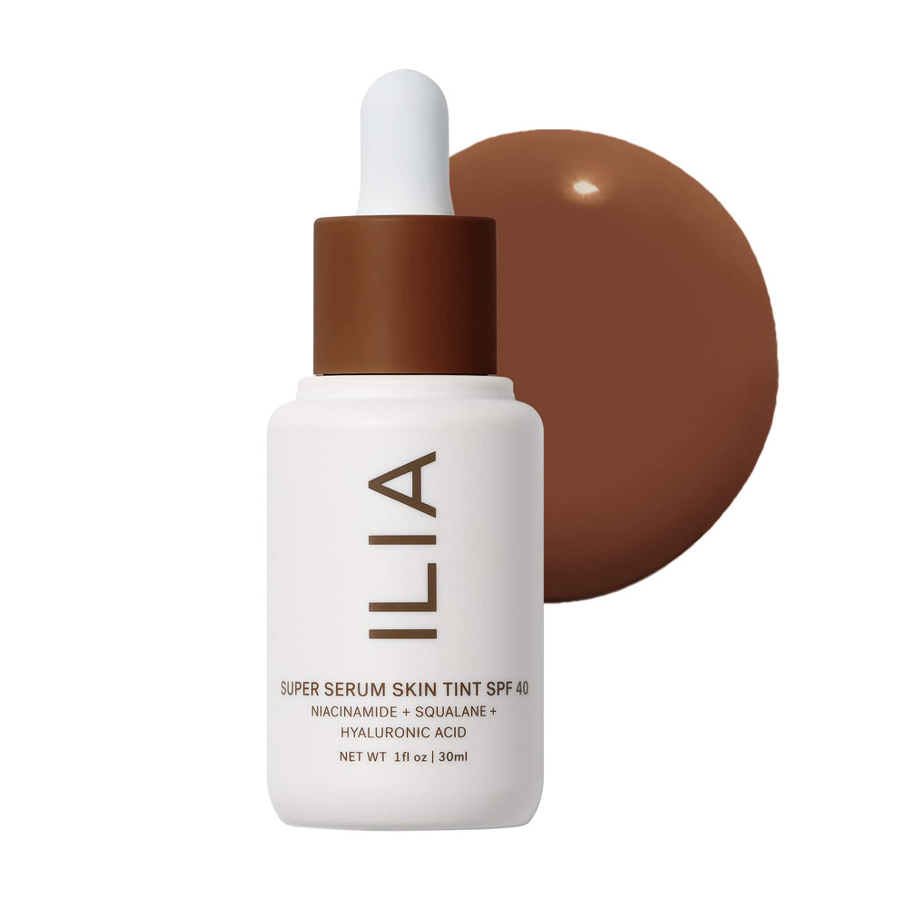 ILIA Super Serum Skin Tint SPF 40 bottle front with vegan packaging and protection