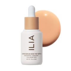ILIA Super Serum Skin Tint SPF 40 dewy coverage on skin for hydrated look.