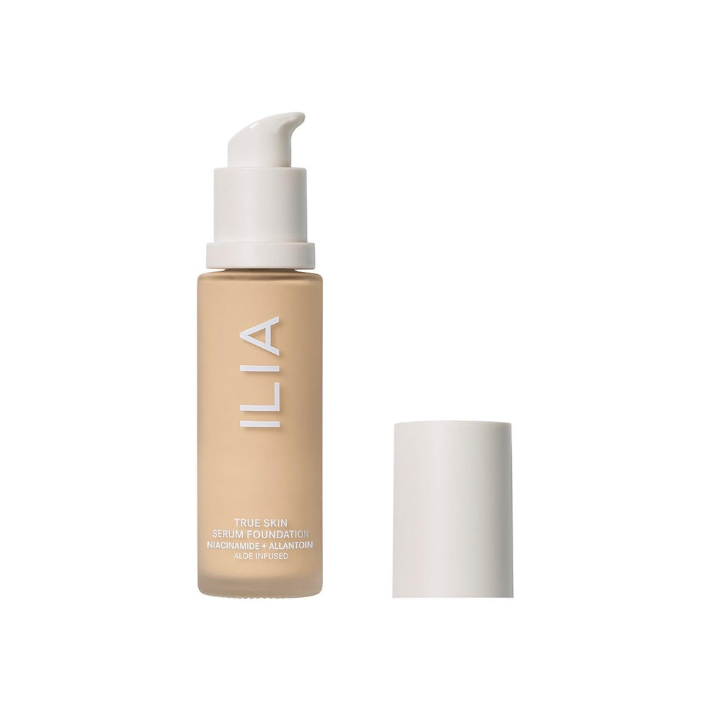 ILIA True Skin Serum Foundation bottle closeup showing weightless, skin-like coverage.