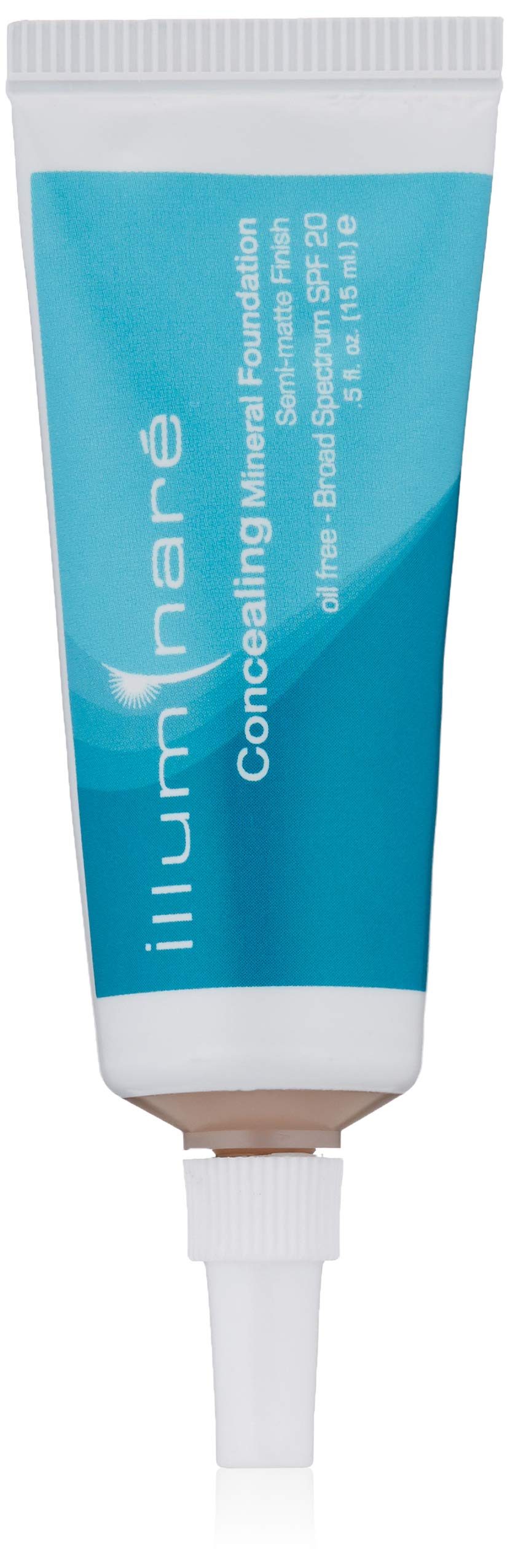Illuminare Concealing Mineral Foundation Sienna Sun bottle shows oil-free semi-matte makeup with SPF