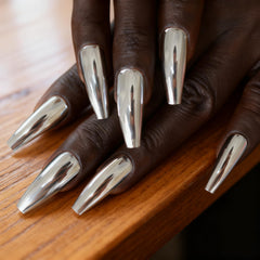 imabc Silver Punk press-on coffin nails with chrome mirror finish for glamorous daily wear