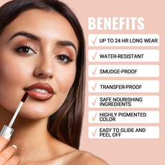 iMethod Lip Stain peel-off action shown on lips for easy removal.