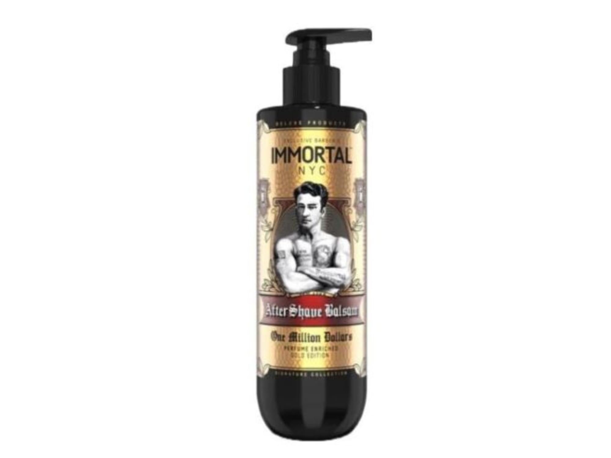 Immortal NYC One Million Dollars Aftershave Balsam bottle close-up for post-shave hydration and fresh scent.