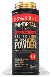 Immortal NYC Shake and Rake powder bottle for quick, on-the-go styling.