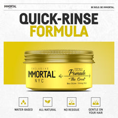 Immortal NYC Creed pomade being applied for a sleek, durable hold.