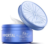 Immortal NYC Fiber Cream Pomade jar showing natural matte finish and flexible hold.