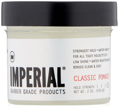 Imperial Barber Classic Pomade 2oz bottle closeup highlighting strong hold and rinse ease