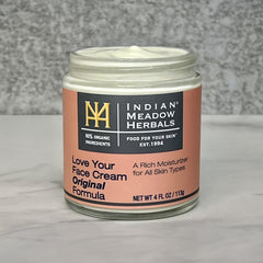 Indian Meadow Herbals Love Your Face Cream label closeup highlights ingredients