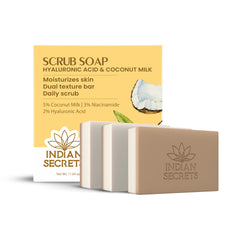INDIAN SECRETS scrub soap hyaluronic acid coconut milk 3-bar pack provides lasting moisture.