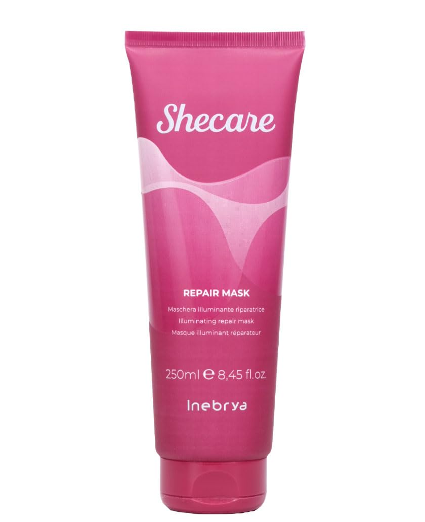 Inebrya Shecare Repair Mask jar with rich formula for damaged hair nourishment and shine.