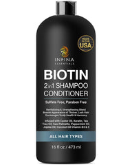 INFINA ESSENTIALS Biotin 2-in-1 shampoo bottle for daily cleansing and conditioning, ideal for busy mornings.