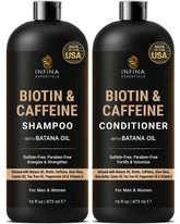 Infina Essentials caffeine biotin shampoo bottle showcasing packaging and thicker-looking hair