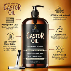 INFINA ESSENTIALS castor oil with mascara wand and brush for precise application.