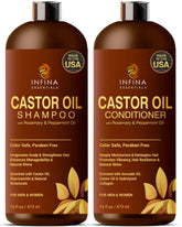 INFINA ESSENTIALS Castor Oil Shampoo front bottle, promoting gentle cleansing for healthier hair and scalp balance.