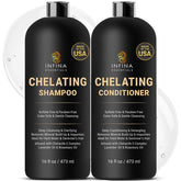 INFINA ESSENTIALS Chelating Shampoo bottle pouring for mineral detox in hard water hair.