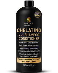Infina Essentials hard water shampoo bottle pour promotes mineral buildup removal and ease of use