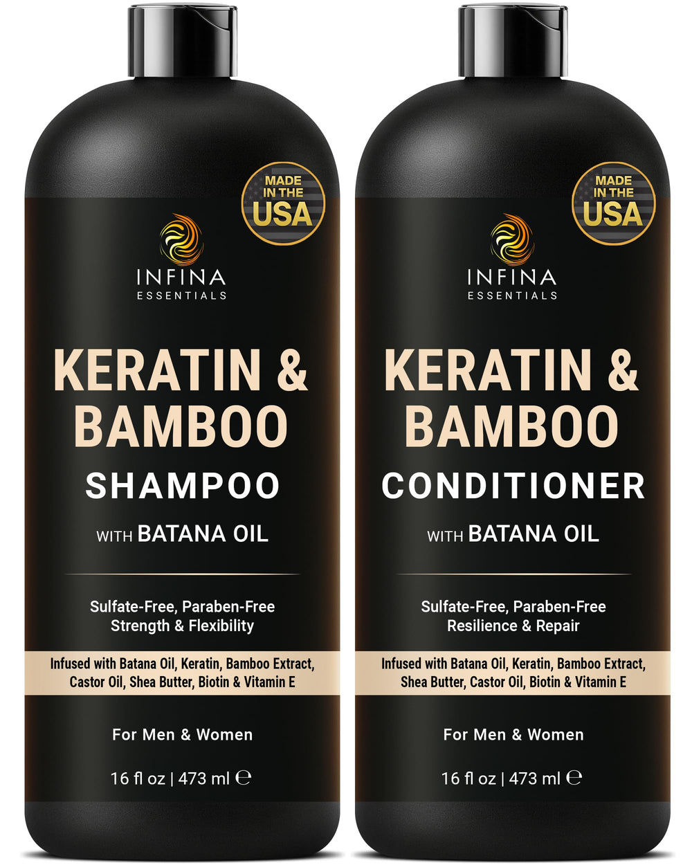 INFINA ESSENTIALS Keratin Shampoo bottle showcases smoothness-focused cleansing.