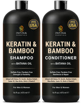 INFINA ESSENTIALS Keratin Shampoo bottle showcases smoothness-focused cleansing.