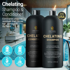 INFINA ESSENTIALS Metal Detox Shampoo close-up illustrating mineral removal for vibrant color.
