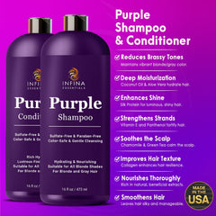 INFINA ESSENTIALS Purple Conditioner tube applying hydration on blonde or color-treated hair.