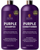 INFINA ESSENTIALS Purple Shampoo bottle pouring to reduce brassiness in blonde and gray hair.